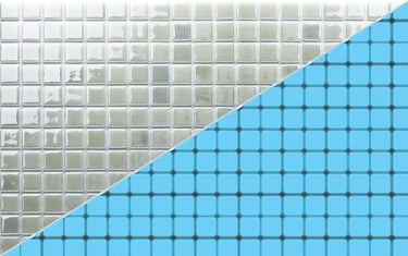 Luminous Ocean and Ice Blue pool-grade glass mosaic tile featuring ocean blue and ice blue tones for swimming pools, pool waterlines, spas, fountains, kitchen backsplashes, bathroom backsplashes, shower walls, and decorative accent walls.