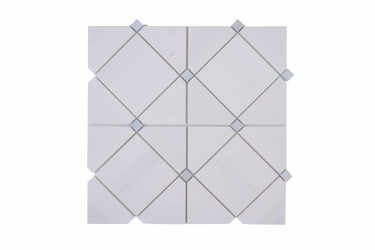 Mona Dolomite blue dot polished marble mosaic tile by Mythology Tile, showcasing a detailed mosaic pattern with vibrant blue accents.