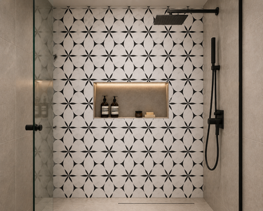 North Star White and Nero Waterjet Honed Marble Mosaic Tile by Mythology Tile, showcasing intricate pattern and smooth waterjet finish.