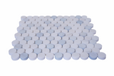 Close-up of Penny Round Blue and Dolomite Honed Marble Mosaic Tile showcasing small round marble pieces with blue and beige tones.