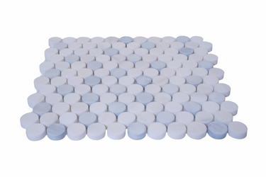 Close-up of Penny Round Blue and Dolomite Honed Marble Mosaic Tile showcasing small round marble pieces with blue and beige tones.
