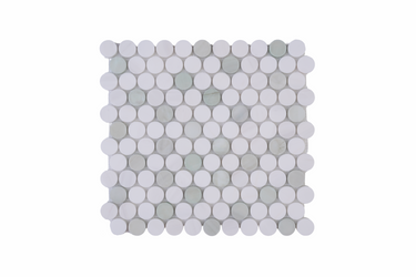 Green and beige penny round marble mosaic tile with honed finish by Mythology Tile, showcasing intricate pattern and smooth surface.