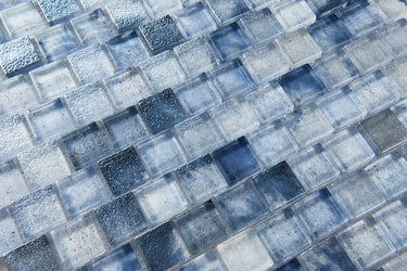 Pronto Blue glass mosaic tile used as a kitchen backsplash featuring vibrant blue tones and contemporary glass mosaic styling.