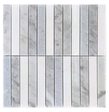 Rockart Blue Mix Carrara Thassos Stacked 12x12 mosaic featuring polished blue and white natural stone