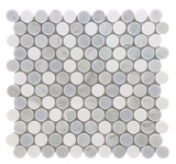 Natural stone tile from Roca, blue mix penny round 12x12 mosaic with small, circular tiles arranged in a vibrant mosaic pattern.