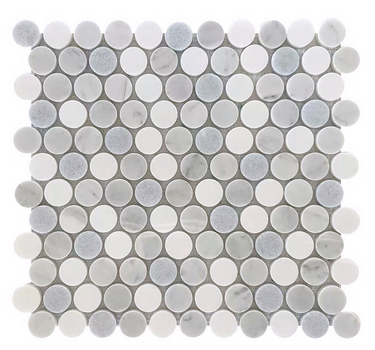 Natural stone tile from Roca, blue mix penny round 12x12 mosaic with small, circular tiles arranged in a vibrant mosaic pattern.