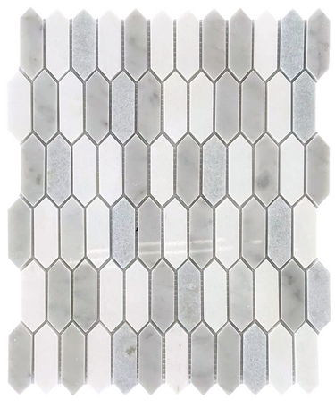 Roca Rockart Blue Mix Thassos Picket 10x12 mosaic natural stone tile featuring blue and white mosaic pattern with rectangular picket design.
