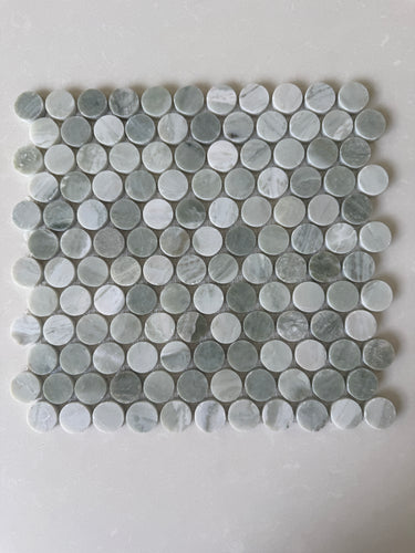 Rockart Green Mix Penny Round 12x12 mosaic featuring polished Green Valley natural stone