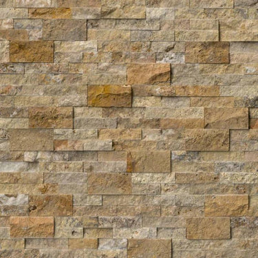 Scabos Travertine 6x24 Split Face Stacked Stone Ledger Panel.