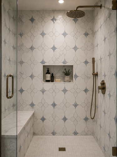 White flower waterjet honed marble mosaic tile sheet by Mythology Tile, showcasing intricate floral pattern and smooth honed surface.