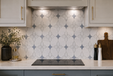 Selene White Waterjet Marble Mosaic Tile by Mythology Tile, showcasing a textured white honed marble mosaic pattern.