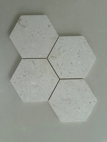 Shellstone Myra 6 Hexagon Tile Honed Mosaic Tile with natural shellstone texture