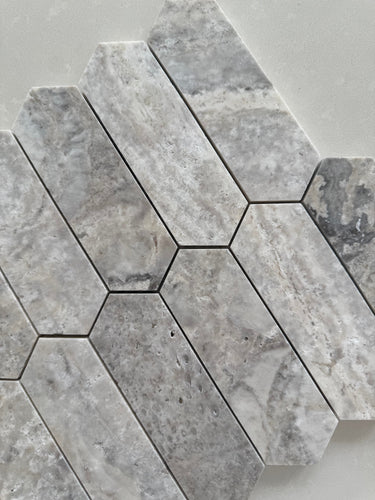 Silver Travertine honed picket mosaic tile with natural silver and gray stone variation