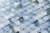 Sky blue glass mosaic tile used as a kitchen backsplash featuring luminous blue tones and contemporary design.
