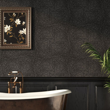 Close-up of Umbra Natural Stone Mosaic Tile by Mir, showcasing black and earthy stone pieces in a detailed mosaic pattern.