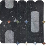 Vanta Natural Stone Mosaic Tile by Mir showing a close-up of textured black and gray stone mosaic pattern for interior or exterior use.