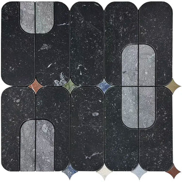 Vanta Natural Stone Mosaic Tile by Mir showing a close-up of textured black and gray stone mosaic pattern for interior or exterior use.