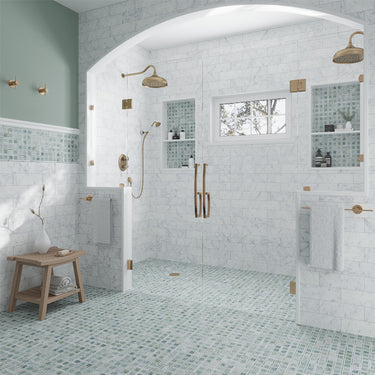 Close-up of Westport Natural Stone Mosaic Tile by Mir, showcasing textured, multi-tonal stone pieces in detailed mosaic pattern.