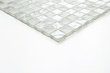 Crystal Aqua Soho White 1x1 glass mosaic tile installed as a bathroom backsplash featuring bright white tones, classic mosaic styling, and a clean contemporary appearance.