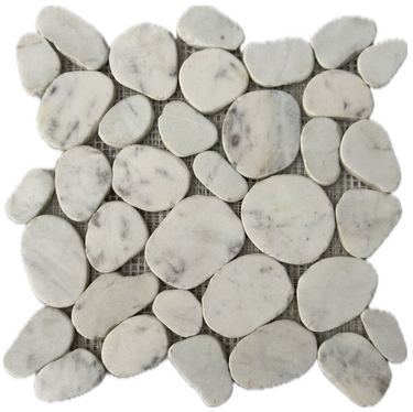 White Mix 11x11 natural stone pebble mosaic tile by Roca, showing a textured pattern of smooth, rounded stone pebbles for flooring or wall.