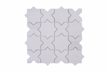 White Thales Dolomite marble mosaic tile sheet by Mythology Tile, featuring honed, natural stone surface and intricate mosaic pattern.