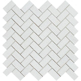 1 x 2 Honed Thassos White Marble Herringbone Mosaic Tile.