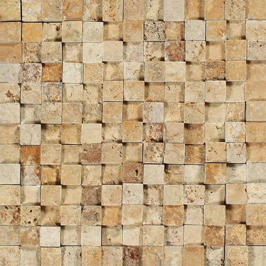 1 x 1 Split-faced Gold Travertine 3-D Mosaic Tile.