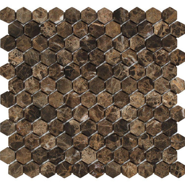 1 x 1 Tumbled Emperador Dark Marble Hexagon Mosaic Tile.
