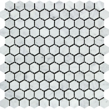 1X1 Honed Bianco Carrara Marble Hexagon Mosaic Tile.