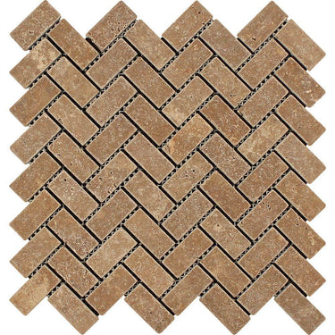 1 x 2 Tumbled Noce Travertine Herringbone Mosaic Tile.