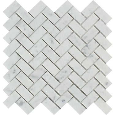 1 x 2 Honed Bianco Carrara Marble Herringbone Mosaic Tile.