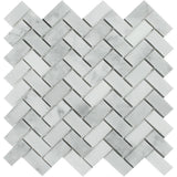 1 x 2 Polished Bianco Mare Marble Herringbone Mosaic Tile.