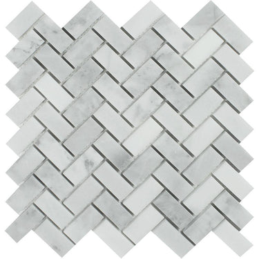 1 x 2 Polished Bianco Mare Marble Herringbone Mosaic Tile.