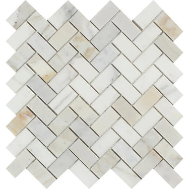1 x 2 Polished Calacatta Gold Marble Herringbone Mosaic Tile.