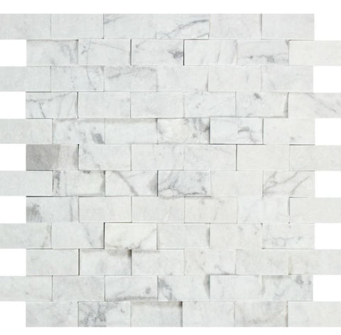 1 x 2 Split-faced Bianco Carrara Marble Brick Mosaic Tile.