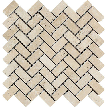 1 x 2 Tumbled Ivory Travertine Herringbone Mosaic Tile.