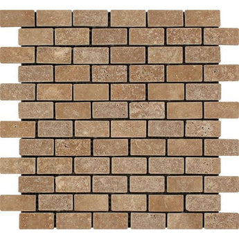 1 x 2 Tumbled Noce Travertine Brick Mosaic Tile.