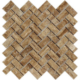 1 x 2 Unfilled Polished Noce Exotic (Vein-Cut) Travertine Herringbone Mosaic Tile.