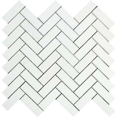 1 x 3 Honed Thassos White Marble Herringbone Mosaic Tile.