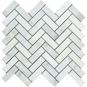 1 x 3 Honed Oriental White Marble Herringbone Mosaic Tile.