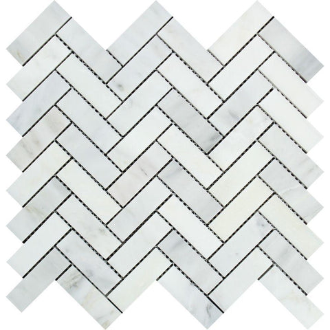 1 x 3 Honed Oriental White Marble Herringbone Mosaic Tile.