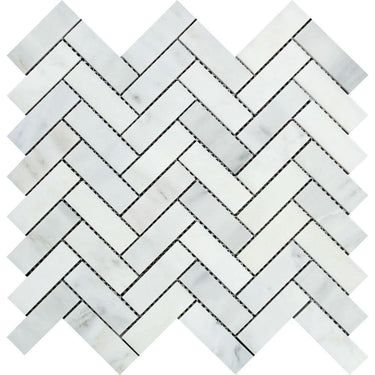 1 x 3 Polished Oriental White Marble Herringbone Mosaic Tile.