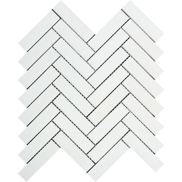 1 x 4 Honed Thassos White Marble Herringbone Mosaic Tile.