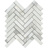 1 x 4 Honed Calacatta Gold Marble Herringbone Mosaic Tile.