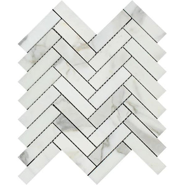 1 x 4 Honed Calacatta Gold Marble Herringbone Mosaic Tile.