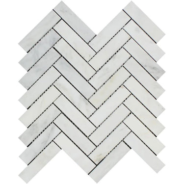 1 x 4 Honed Oriental White Marble Herringbone Mosaic Tile.