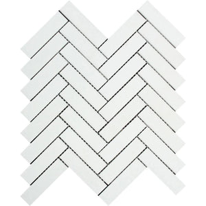 1 x 4 Polished Thassos White Marble Herringbone Mosaic Tile.