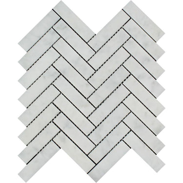 1 x 4 Polished Bianco Carrara Marble Herringbone Mosaic Tile.
