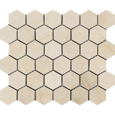 2 x 2 Polished Crema Marfil Marble Hexagon Mosaic Tile.