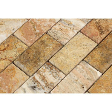 2 x 4 Honed Scabos Travertine Deep-Beveled Brick Mosaic Tile.